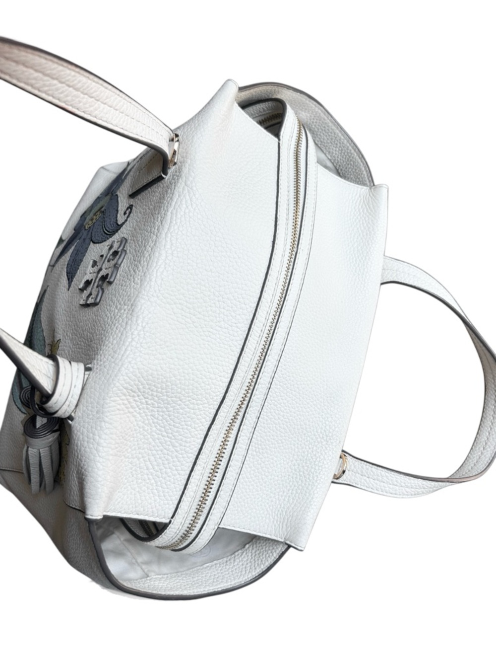 TORY BURCH Thea Applique White Floral Pebble Leather Satchel - Picture 5 of 16